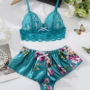 Resim 2 Parça Şık Dantel Detaylı Çiçek Desenli Renkli Pijama Takımı - Bahar/Yaz/Sonbahar için Rahat Spagetti Askılı Üst & Şort, Seksi İç Giyim ve Külot Seti 