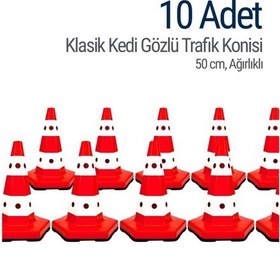 Resim 10 Adet Klasik Kedi Gözlü Trafik Konisi 50 Cm Trafik Dubası 