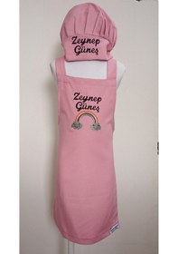 Resim Çocuk Mutfak Önlüğü Nakış Desenli İsme Özel 0-12 Yaş Su İtici Ve Leke Tutmaz Kumaş Pembe 