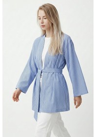 Resim Saade Sââde Kadın Dikey Çizgili Geniş Kollu Şık Yazlık Relaxed Kimono Mavi 