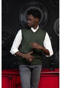 Resim V Yaka Regular Fit Yünlü Kolsuz Triko Süveter Yeşil 