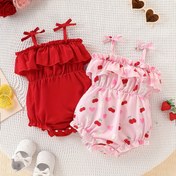 Resim 2 adet Kızlar için Yaz Taze Meyve Desenli Tam Baskı + Düz Renk Dokuma Kumaş ile Volanlı Kenar Dekoratif Kemerli Bodysuit 2 adet Açık Hava Yazı için Uygun 