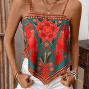 Resim Canlı Çiçek Baskılı Kadın Kolsuz Atlet - Seksi Sarma Tasarımı, Polyester Kumaş, Omuz Açık Stil, Makinede Yıkanabilir, Yazlık Kıyafetler için Mükemmel 