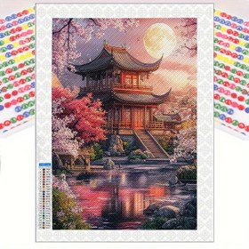 Resim 1 Manzaralı Pagoda 5D Elmas Boyama Seti - 29.97x40.13cm Yetişkinler için DIY Mozaik El Sanatları, Çerçevesiz Yuvarlak Boncuk Sanatı, Kiraz Çiçekleri & Ay Işığı Nehri ile, Başlangıçlar İçin İdeal, Ev & Yatak Odası Duvar Dekoru, Mükemmel Tatil Hediyesi 