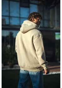 Resim Barlashive Kadın 3 İplik Pamuklu Kapüşonlu Kanguru Cepli Oversize Hoodie Sweatshirt - Bej Çok Renkli 