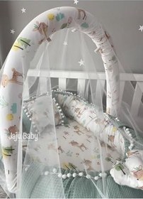 Resim Nest Wafle Yeşil Pike Kumaş Poplin Kumaş Ponponlu Jaju-babynest Oyuncak Aparat Ve Tül Set 