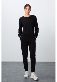 Resim Tommy Life Siyah Kompakt Pamuklu Kalın Pürüzsüz Dokulu O Yaka Oversize Fit Kadın Eşofman Takım - 95341 Siyah 