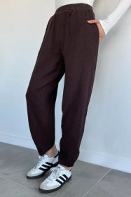 Resim Kadın Muslin Kumaş Şalvar Pantolon Kahve TZL-P-00021345 
