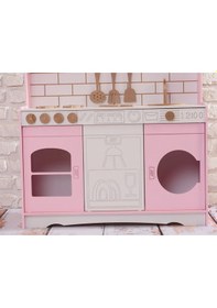 Resim Boyalı Pembe Ahşap Oyuncak Bulaşık Makine Detaylı Mutfak Tabak Ve Spatula Seti Hediye 