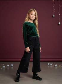 Resim Kız Çocuk Yumuşak Dokulu Taş İşlemeli Geniş Paçalı Kot Pantolon-16478 Siyah 