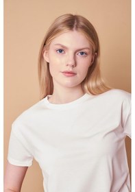 Resim Jument Kadın Sıfır Yaka Kırışmaz Span Karışımlı Şık Kısa Kol Likralı T-shirt Bluz-krem Krem 