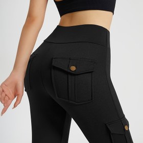 Resim Solid Color Flap Cep Leggings, Rahat Yüksek Bel Skinny Leggings, Kadın Giyim 