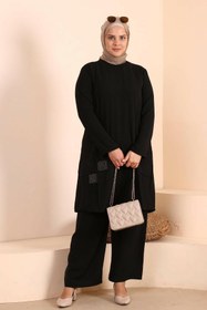 Resim Kadin Tesettur Giyim Buyuk Beden Tesettur İkili Takim Ayrobin Pantolon Tunik Takim - siyah / 4XL 