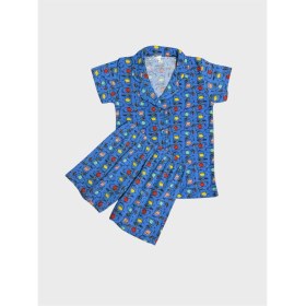 Resim Elmas Kids Erkek Çocuk %100 Pamuklu Mavi Fil Desenli Gömlek Yaka Düğmeli Kısa Kollu Şortlu Pijama Takımı 