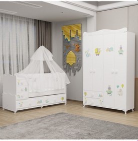 Resim Melina Yıldız 4 Kapaklı Dolap Takım + Yatak + Uyku Seti - Ayıcık Beyaz 