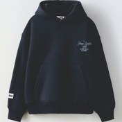 Resim Unisex Koyu Mavi Renk Slogan Yazılı 3 İplik Şardonlu Kapüşonlu Sweatshirt Gri - Siyah 