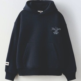 Resim Unisex Koyu Mavi Renk Slogan Yazılı 3 İplik Şardonlu Kapüşonlu Sweatshirt Gri - Siyah 