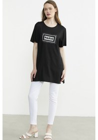 Resim Büyük Beden Baskılı Uzun Tunik Tişört - Siyah Siyah 