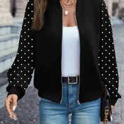 Resim Kadın Hafif Beyzbol Ceketi - Siyah ve Beyaz Polka Dots Baskı, Fermuar Kapatma ile Uzun Kollu Rahat Dış Giyim, Rahat Giyim için Bol Kesim, Tüm Mevsim Ceketi | Rahat Kesim Ceketi | Fermuarlı Ceketi 