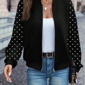Resim Kadın Hafif Beyzbol Ceketi - Siyah ve Beyaz Polka Dots Baskı, Fermuar Kapatma ile Uzun Kollu Rahat Dış Giyim, Rahat Giyim için Bol Kesim, Tüm Mevsim Ceketi | Rahat Kesim Ceketi | Fermuarlı Ceketi 