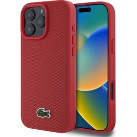 Resim İphone Uyumlu 16 Pro Kılıf Lacoste Lisanslı Pu Pike Desenli İkonik Timsah Dokuma Logolu Kırmızı 