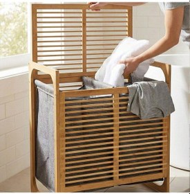 Resim Kalın Ahşap Bambu 2 Bölmeli Kirli Çamaşır Sepeti Kumaş Çantalı Sepet 54x35x60cm 5399 Çok Renkli 