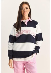 Resim Shade Kadın Polo Yaka Nakışlı Çizgili Sweatshirt 8658 60283852 - Lacivert-beyaz Çok Renkli 