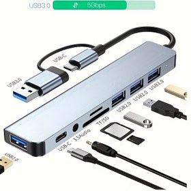 Resim Çift Arayüzlü 8 Portlu USB Hub, USB 3.0 & 2.0, Micro SD/TF Kart Okuyucu, Mikrofon/Ses Girişleri - Dizüstü Bilgisayarlarla Uyumlu, MacBook Pro, iMac, iPad Pro & Daha Fazla USB-C Cihazlar İçin, USB C, Diğer Arayüzler 