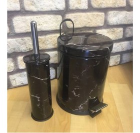 Resim Mermer Desenli Çöp Kovası ve Klozet Fırçası Seti, 5 Litre, Şık ve Pratik 