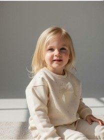 Resim Zekids Kız Bebek Pamuklu Taşlı Fiyonk Detaylı Oversize Tasarım Sweatshirt-16558 Krem 