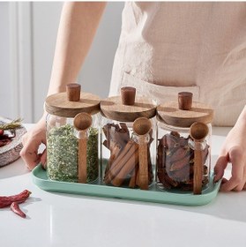 Resim Qerhome 3'lü Borosilikat Cam Akasya Kapaklı Ve Kaşıklı Kavanoz Seti 550 Ml Şeffaf 