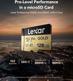 Resim Lexar GOLD 128GB Mikro SD Kart, microSDXC UHS-II Bellek Kartı, V60, U3, A1, C10 microSD Kart, 280MB/s'ye kadar Okuma, Drone/Aksiyon Kamerası/UHS-II Taşınabilir Oyun Cihazı için (LMSGOLD128G-BNNNG) 