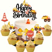 Resim 13 adet İnşaat Temalı Doğum Günü Cupcake Toppers - Ahşap Kazıcı, Kamyon ve Durdurma İşaretli Kek Süsleri Gençlerin Partileri ve Kutlamaları için İnşaat Parti Süsü 
