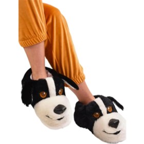 Resim Liger Unisex Sevimli Köpek Figürlü Kadın Panduf Siyah Renk Kaymaz ve Ses Yapmaz Taban 