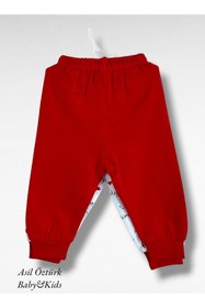 Resim Misket Bebek Unisex Mummy Daddy Baskılı 2'li Tek Alt Kırmızı Beyaz Renk Pijama 