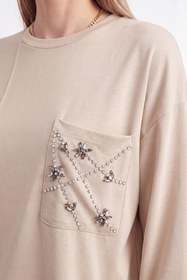 Resim Puane Kadın Taş İşlemeli Asimetrik Kesim Tunik - 10781TUN - BEIGE 