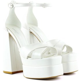 Resim Erkan Saçmacı Celine İnci Beyaz Önü Açık Çapraz Bantlı Çift Platformlu Kalın Topuklu Abiye Gelin Ayakkabısı 