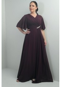 Resim Kadın V Yaka Beli Taşlı Drapeli Astarlı Büyük Beden Uzun Şifon Elbise-40853 Mürdüm 