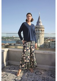 Resim Monamise Kadın Yaprak Desenli Uzun Kollu V Yaka Pijama Takımı 24141 Lacivert 
