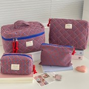 Resim Büyük Kapasiteli Kontrast Renkli Ekose Seyahat Tuvalet Çantası, 4 Parça Set, Taşınabilir Yıkanabilir Günlük Kullanım veya Geziler için | Moda Desenli Çanta 