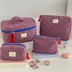 Resim Büyük Kapasiteli Kontrast Renkli Ekose Seyahat Tuvalet Çantası, 4 Parça Set, Taşınabilir Yıkanabilir Günlük Kullanım veya Geziler için | Moda Desenli Çanta 