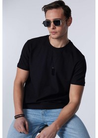 Resim Tudors Erkek Slim Fit Dar Kesim %100 Pamuk Yumuşak Dokulu Desenli Siyah Bisiklet Yaka Tişört-31075-siyah Siyah 