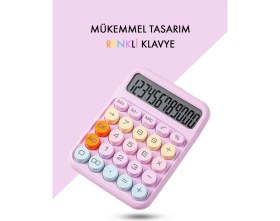 Resim Ebulduk Renkli Hesap Makinesi - 12 Haneli Yuvarlak Tuşlu Mor Renk Hesap Makinesi - 4 Fonksiyonlu Pil Hediye 