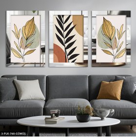 Resim Burshe Boho Tarzı Gold Bitkiler 3 Parça Gümüş Pleksi Aynalı Tablo 
