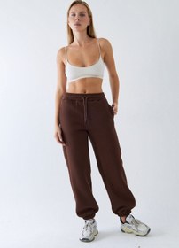 Resim Oversize Unisex Eşofman Altı Kahverengi - 3 İplik Şardonlu, Paça-Bel Lastikli, Cepli, Rahat Kesim - M / Kahverengi 