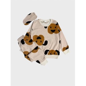 Resim Aliş Kids Erkek Çocuk Pamuklu Bej Sevimli Köpek Desenli Uzun Kollu Göz Bantlı Mevsimlik Pijama Takımı 