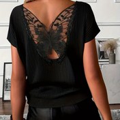 Resim Kadınların Yama Kelebek Nakışlı Fileli Kısa Kollu Rahat T-Shirt 