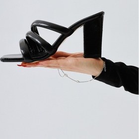 Resim Sasima Siyah Yılan Desenli Bantlı Topuklu Terlik 001 