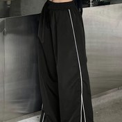 Resim Kadınlar için Y2K Günlük Düz Paça Pantolon Yan Çizgili Kontrast - Siyah & Beyaz Makinede Yıkanabilir, Tüm Mevsimler İçin Esnek Olmayan Kumaş, Şık Özel Koleksiyon, Rahat Kesim Pantolon, Opak Kaplama 