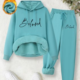 Resim Kadınlar İçin Kapüşonlu Sweatshirt ve Pantolun Çift Parça Takım, Sevimli Desenler, Şeritli ile Kanguru Cepleri Ayarlanabilir Bağcık Rahib Sonbahar/Sofram Isın Fleece Giyimi 